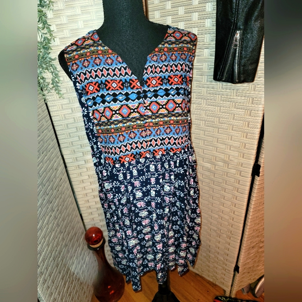 Umgee 2XL Boho Mixed Print V-Neck Sundress